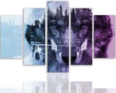 Schilderij Wolf in het bos in paars en blauw, 5 luik, 4 maten