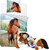 Paarden dekbedovertrek set 140 x 200 cm, incl. super zachte paarden knuffel - 60 cm - bruin/wit - met verzorging set -kinderen slaapkamer - eenpersoons dekbed