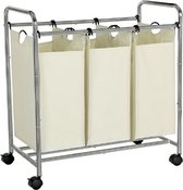 MIRA Home - Wassoorteerder - Wasmand - 3 Compartimenten - Met Wielen - Metaal/Stof - 117L - Beige - 77x41x81.5