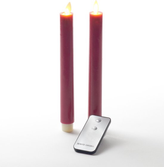 2x Bordeaux rode LED kaarsen/dinerkaarsen op afstandsbediening 23 cm - LED kaarsen op batterijen
