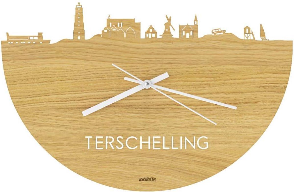 Skyline Klok Terschelling Eikenhout - Ø 40 cm - Stil uurwerk - Wanddecoratie - Meer steden beschikbaar - Woonkamer idee - Woondecoratie - City Art - Steden kunst - Cadeau voor hem - Cadeau voor haar - Jubileum - Trouwerij - Housewarming -