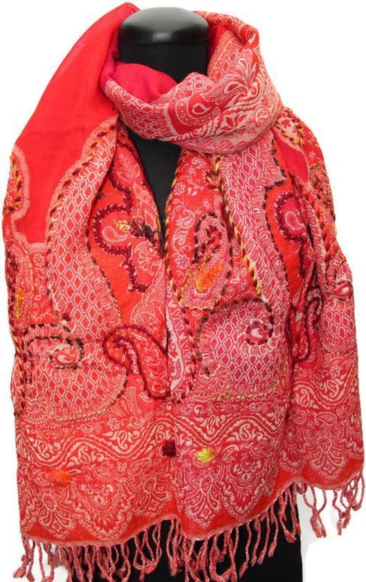 Geborduurde Kasjmier Wollen Dames Sjaal - 180 x 70 cm - Fel Rood | Bestel  nu!