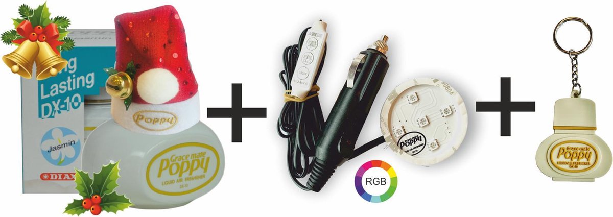 Grace Mate Poppy Luchtverfrisser Jasmijn inclusief Kerstmutsje, Ledverlichting en sleutelhanger
