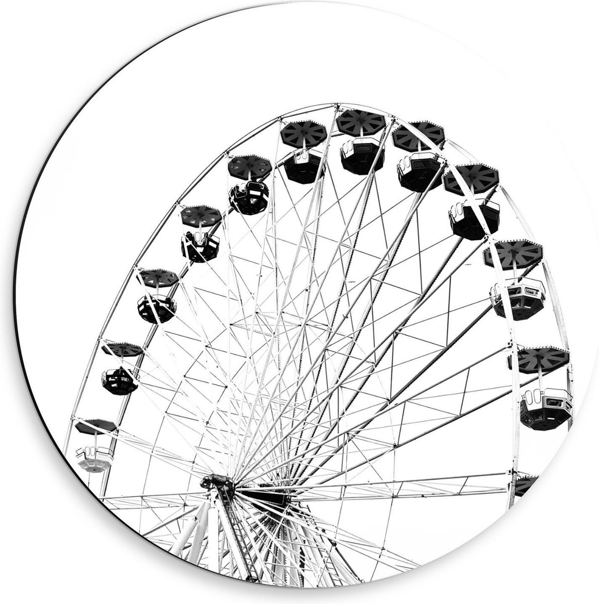 Dibond Wandcirkel - Reuzenrad met Parasolletjes (zwart-wit) - 50x50cm Foto op Aluminium Wa