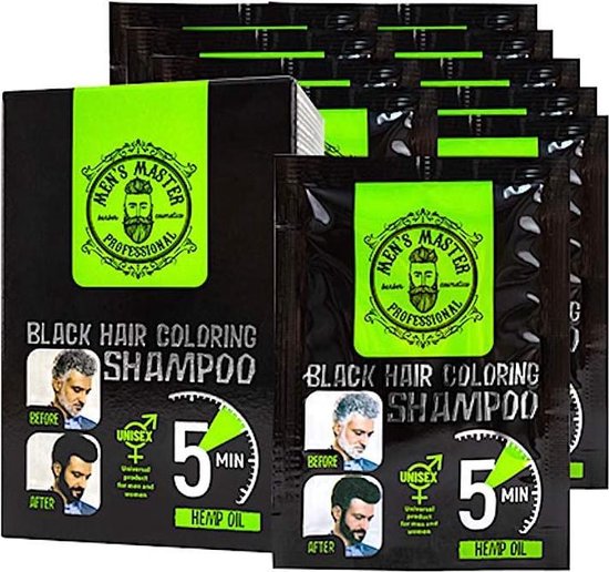 Doos met Men's Master Black Hair Coloring Shampoo en meerdere zakjes. Toont illustraties van grijs naar zwart haar, unisex, 5 minuten.