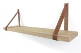 Eiken wandplank massief recht 80 x 30 cm met leren riemen bruin - Eikenhouten wandplank - Wandplank - Leren plankdragers - Fotoplank