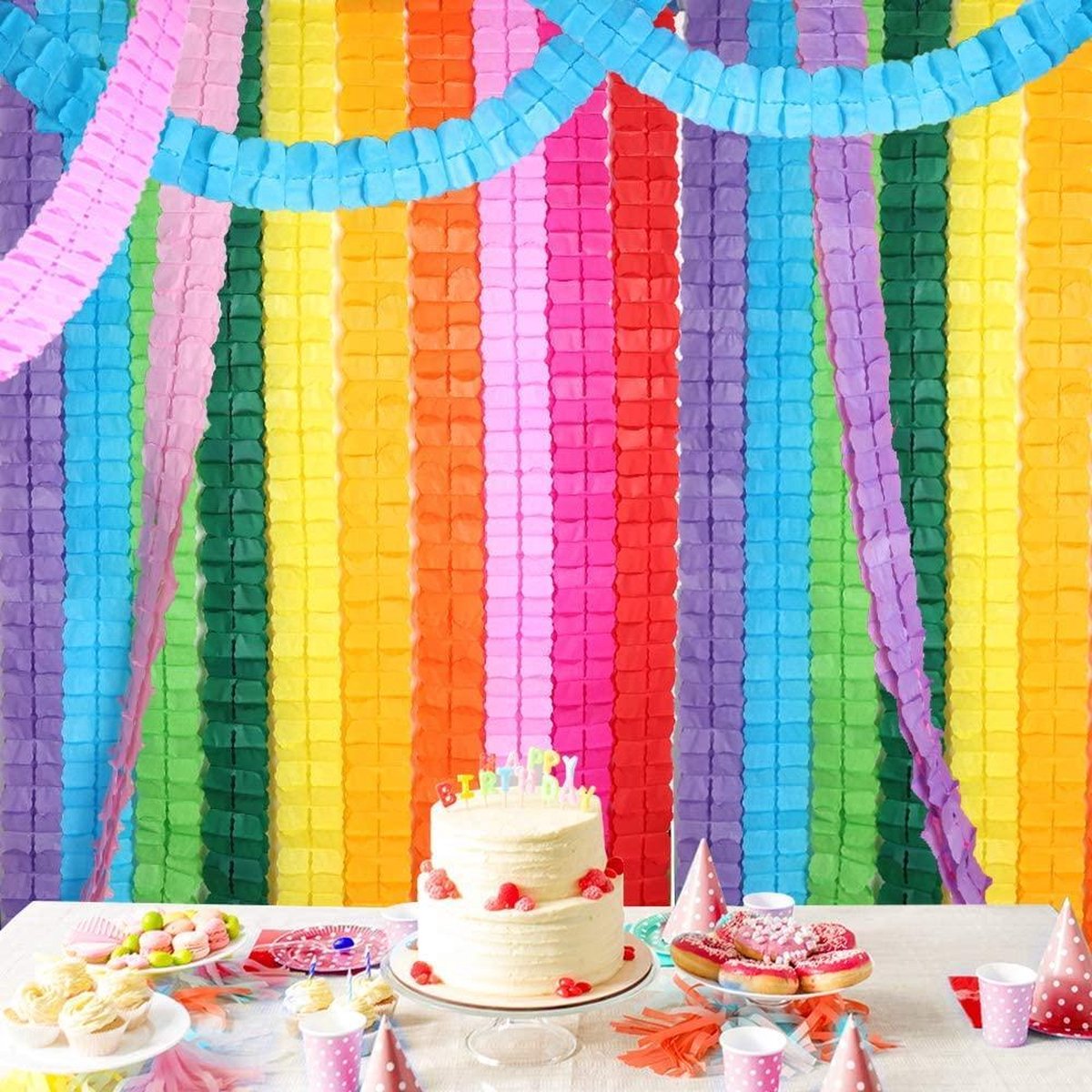 Fissaly 16 Stuks Papieren Slingers Verjaardag Versiering Gekleurd – Decoratie Happy Birthday Feest & Feestje - Roze, Blauw, Groen, Rood, Oranje, Geel, Paars - Fissaly