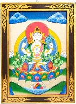 Boeddha Chenrezig Houten Tangkha Paneel (44 x 33 cm)