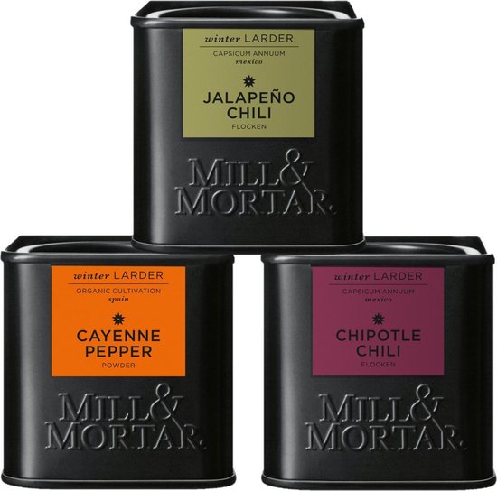 Drie Mill & Mortar chilipots: Jalapeño Chili (groen), Chipotle Chili (paars) en Cayenne Pepper (oranje).