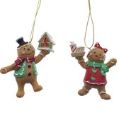 Viv! Home Luxuries Kerstbal gingerbread meisje en jongen - 2 stuks - bruin rood groen - 8cm - topkwaliteit