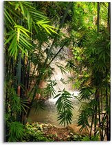 Acrylglas - Bamboe met Waterval op de Achtergrond  - 30x40cm Foto op Acrylglas (Wanddecoratie op Acrylglas)