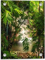 Tuinposter – Bamboe met Waterval op de Achtergrond  - 30x40cm Foto op Tuinposter  (wanddecoratie voor buiten en binnen)