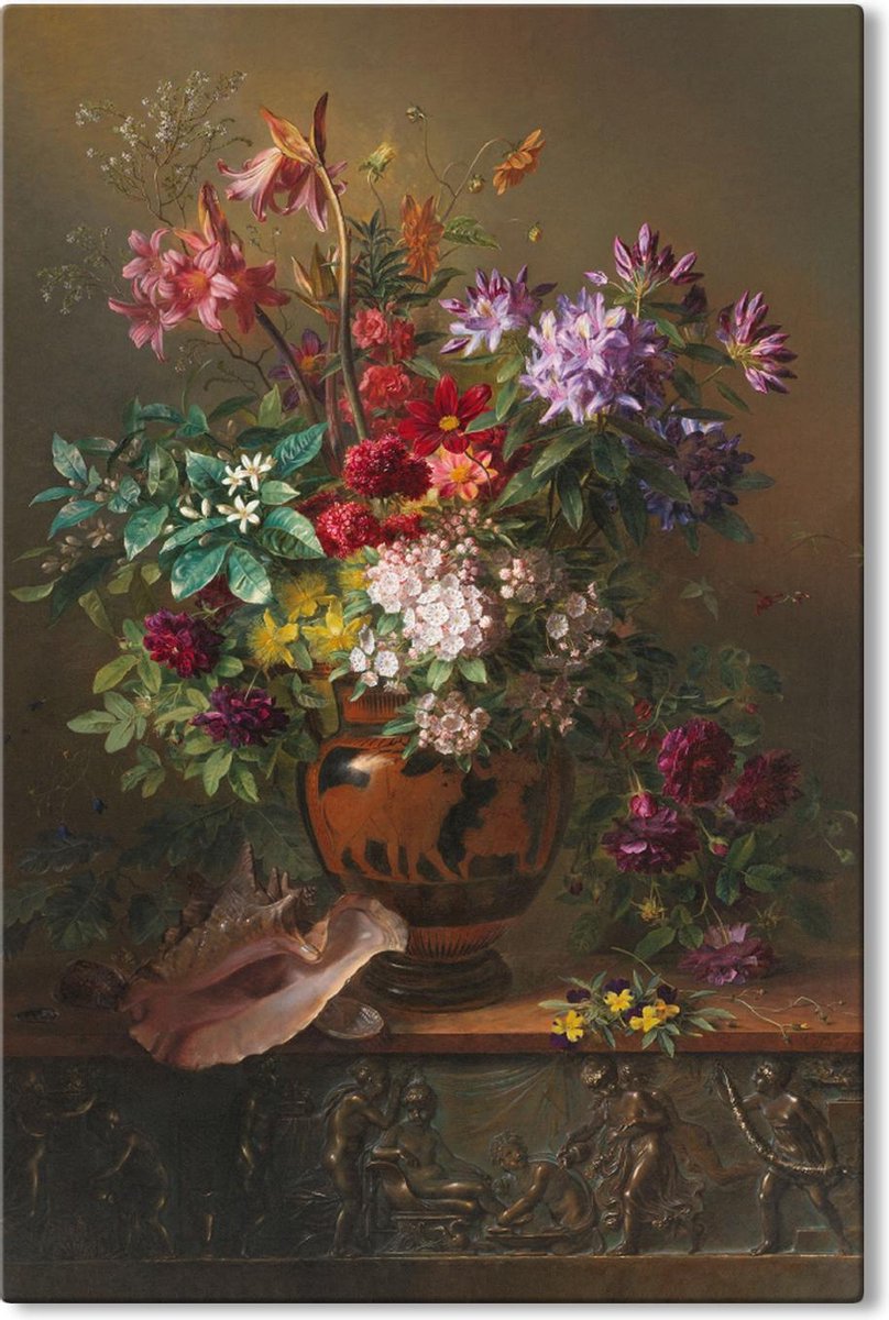 Canvas Schilderij Stilleven met bloemen in een Griekse vaas - Georgius Jacobus Johannes van Os - 60x90 cm