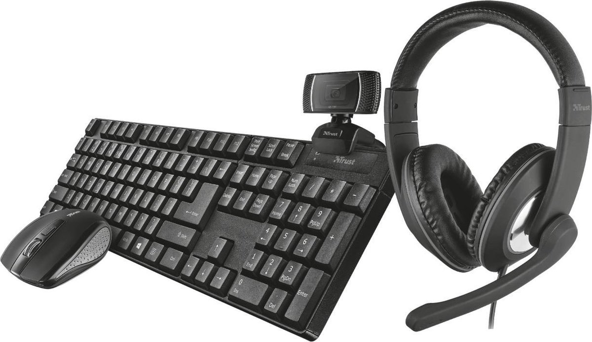 Trust Qoby 4-in-1 Thuiswerken bundel - Draadloos - Toetsenbord - Muis - Headset – Webcam