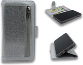 HB Hoesje Geschikt voor Apple iPhone 12 Mini Zilver - Luxe Glitter Portemonnee Book Case met Rits