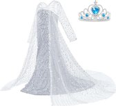 Elsa jurk IJskoningin Deluxe met lange sleep 128-134 (140) + kroon Prinsessen jurk verkleedkleding