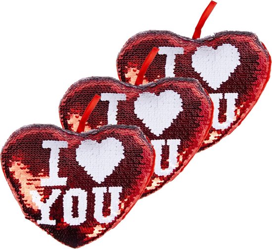 4x stuks hartjes kussen I Love You rood metallic met pailletten 20 cm  - decoratie/sierkussens