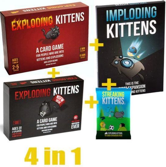 Afbeelding van het spel Spellenvoordeelset: Exploding Kittens Original Edition + Exploding Kittens NSFW Edition + Exploding Kittens Imploding Kittens Uitbreiding + Exploding Kittens Streaking Kittens Uitbreiding