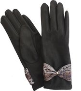Dames handschoenen imitatie suede met strik slangenprint kleur zwart maat S