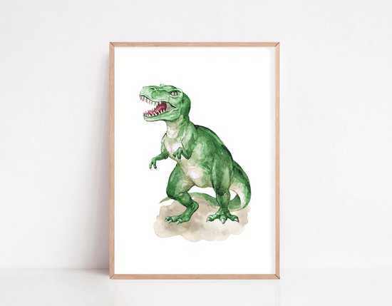 Une aquarelle d'un Tyrannosaure Rex vert aux grandes dents, debout sur un fond clair.