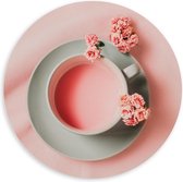 Forex Wandcirkel - Roze Tafelkleed, Drank en bloemetjes - 100x100cm Foto op Wandcirkel (met ophangsysteem)