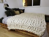 HOMEY & STUFF gebreide wollen deken 3XL - 100% Handgemaakt Merino Lontwol Plaid - Huisdecoratie Kleed - 150 x 240 cm - Wit