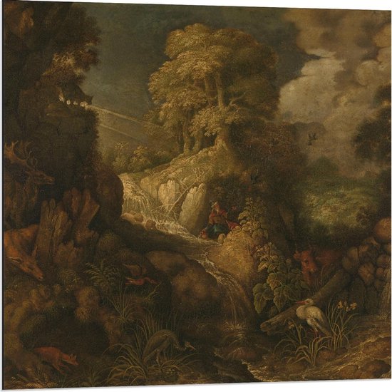 Dibond - Oude Meesters - Elia door de raven gevoed, Roelandt Savery, 1634 - 80x80cm Foto op Aluminium (Met Ophangsysteem)