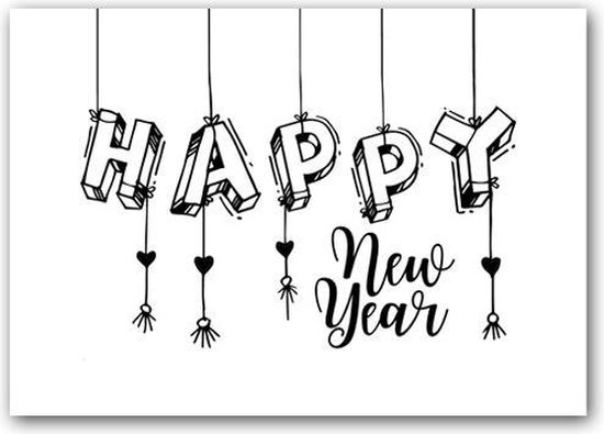 Kerstkaart Nieuwjaarskaart Zwart-Wit 'Happy New Year' - 12 Stuks
