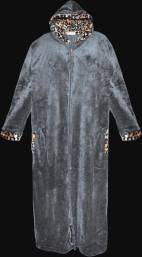 Dames badjas fleece extra lang rits zakken en capuchon L grijs | bol.com