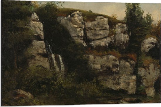 Dibond - Oude meesters - Landschap met rotsen en waterval, Gustave Courbet - 90x60cm Foto op Aluminium (Wanddecoratie van metaal)