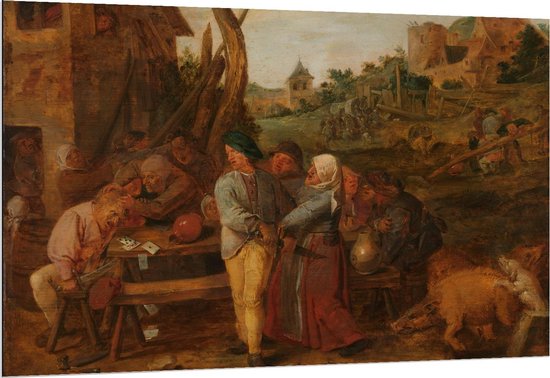 Dibond - Oude Meesters - Boerenvechtpartij, Adriaen Brouwer, 1620 - 1630 - 150x100cm Foto op Aluminium (Met Ophangsysteem)