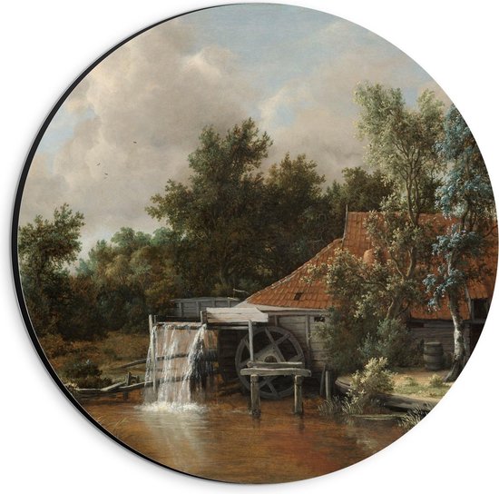 Dibond Wandcirkel - Oude Meesters - Een watermolen, Meindert Hobbema, ca. 1664 - 20x20cm Foto op Aluminium Wandcirkel (met ophangsysteem)