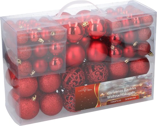 Christmas Gifts Kerstballen Set Rood - 100 Kunststof Kerstballen - Verschillende Afwerkingen - Ø 3/4/6 cm - Merkloos