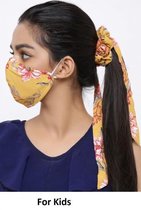 Fashion wasbaar katoenen kinder mondmasker - mondkapje met Scrunchie - bloemen geel