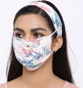 Fashion wasbaar katoenen mondmasker - mondkapje met haarband - bloemen roze