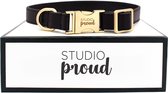 Studio Proud - Leren halsband - Maat M - Glad zwart leer met goudkleurig accessoires