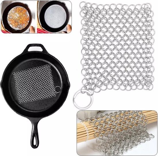 Gietijzeren pan met zilverkleurige
metalen schuurspons. Inclusief
vergelijking voor en na.