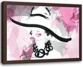 Foto in frame , Vrouw met hoed , 120x80cm , zwart wit roze , wanddecoratie