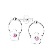 Joy|S - Zilveren Daisy bloem oorbellen in cirkel kristal roze