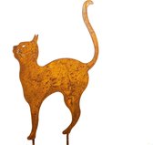tuindecoratie Kat met hoge rug op steker EcoRoest Ludieke kat op steker metaal