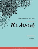 Couverture de livre avec le titre 'The Aeneid' en écriture calligraphique, ornée de motifs décoratifs ressemblant à des mandalas en noir et blanc sur fond turquoise.
