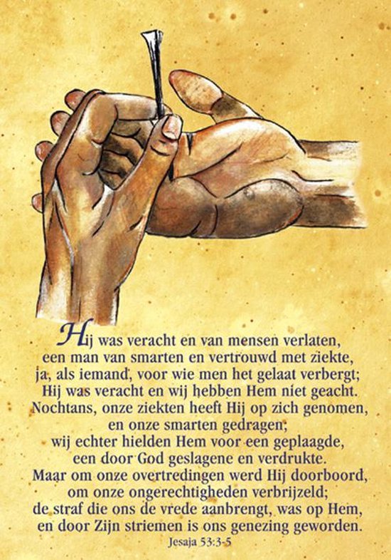 Twee handen houden een spijker met een druppel bloed boven een religieuze tekst in het Nederlands.