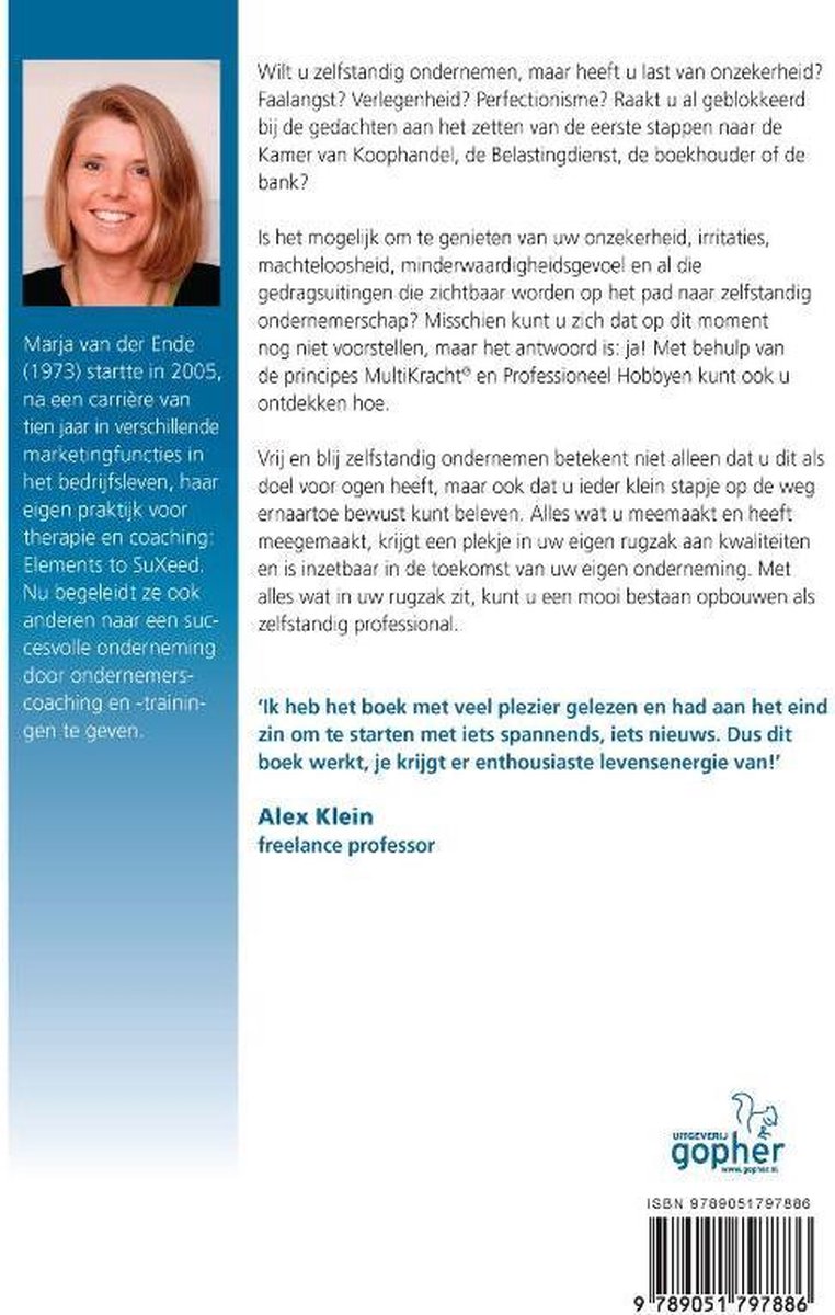 Foto van Marja van der Ende, gevolgd door tekst over haar achtergrond en het boek.