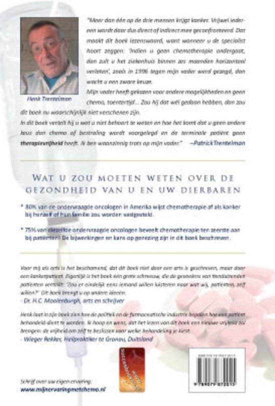Foto van een man met een infuuspaal. De titel van het boek is "Chemo? Of kan ik zélf kiezen?"