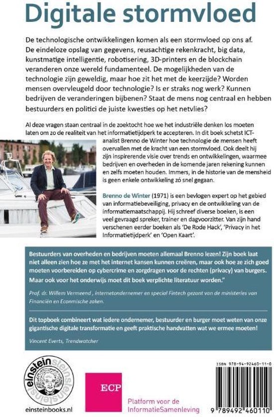 Achterkant van het boek 'Digitale stormvloed' met tekst en een foto van Brenno de Winter.