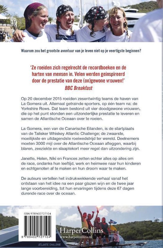 Vier lachende vrouwen met hoofdbanden op de achterkant van een boek.