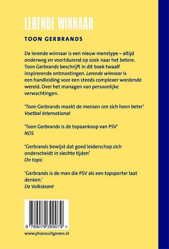 Achterkant van het boek 'LERENDE WINNAAR' door Toon Gerbrands met een samenvatting en citaten.