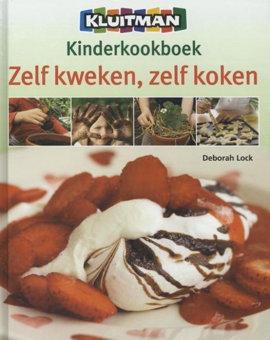 Voor deksel van het 'Zelf kweken, zelf koken' kinder kookboek van Kluitman, met een dessert van aardbeien en meringue.