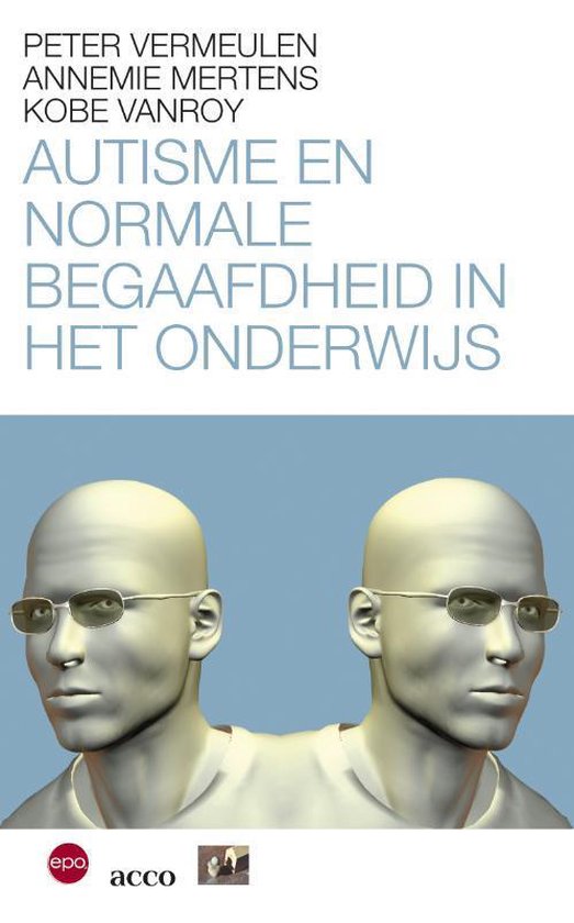 Boekcover met tekst 'Autisme en normale begaafdheid in het onderwijs'. Twee grijze beelden van hoofden met brillen.