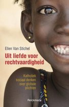 Een lachend donker kind, met de titel 'Uit liefde voor rechtvaardigheid' en 'Katholiek sociaal denken over globale plichten'.